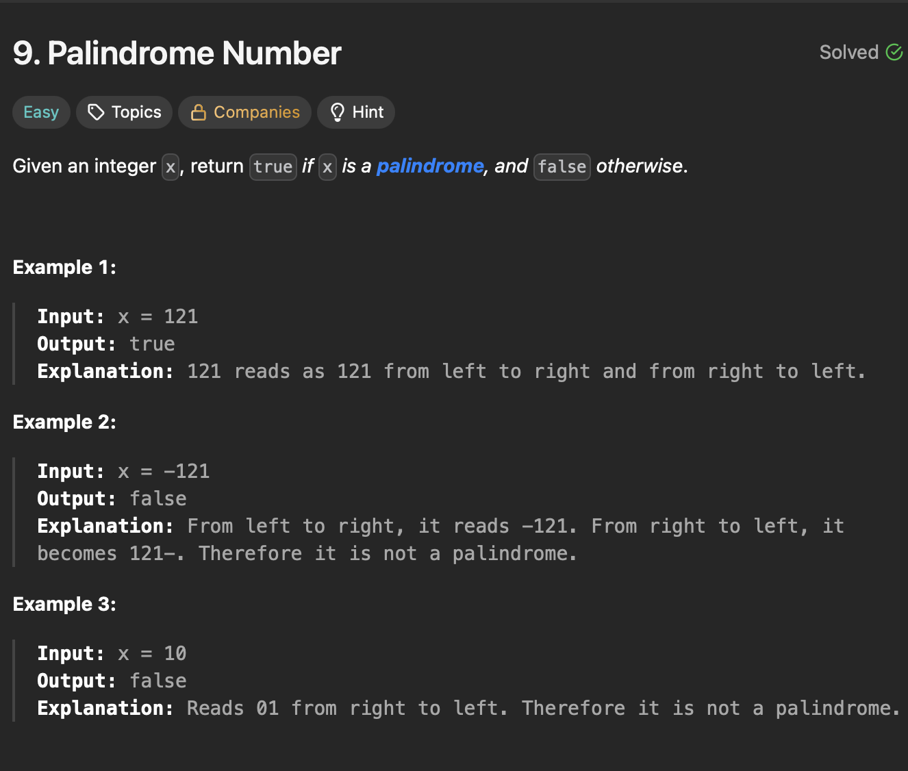 LC: 9: Palindrome Number